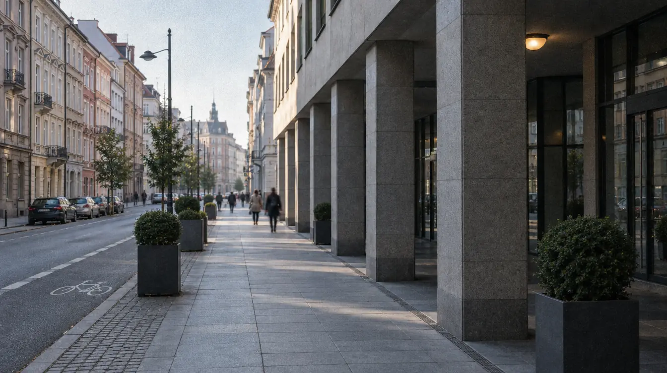 A city-centre street with an office building set behind a deep arcade, passers-by in the distance.