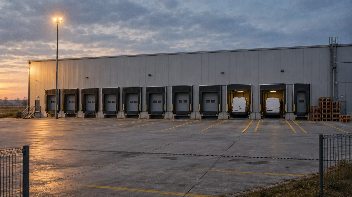 A warehouse seen from the yard, a row of loading bays, vans standing at two of them.