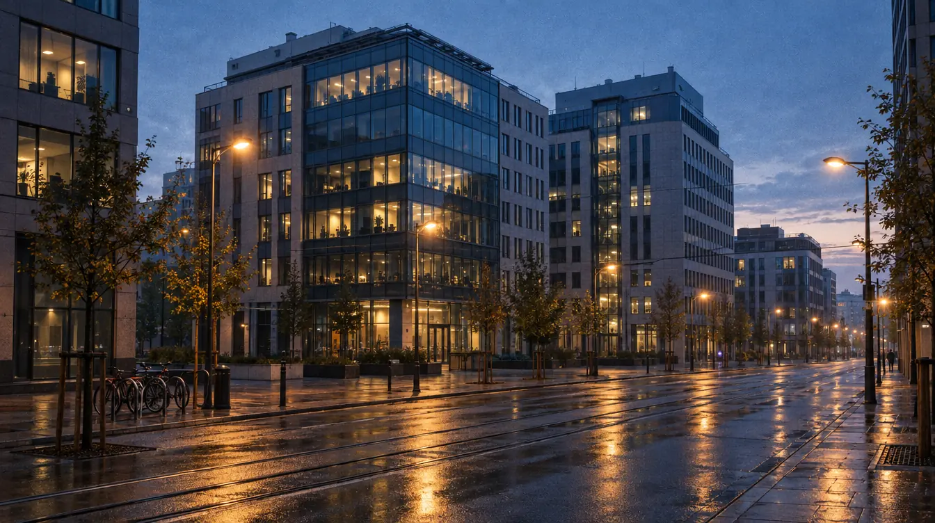 A block of glass office buildings in a Polish city before dawn, some windows still lit, a wet road.