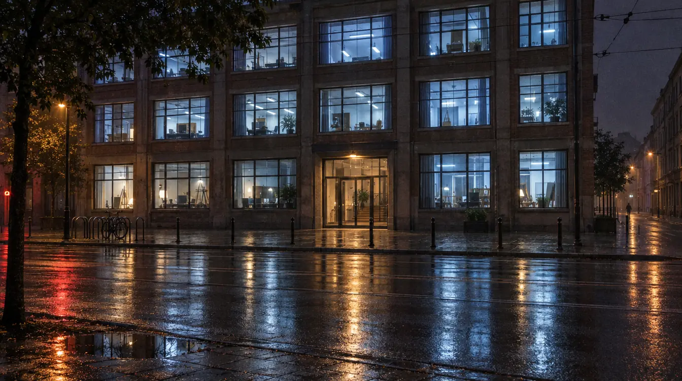 A lit studio building on a wet street at night, light reflections on the asphalt.
