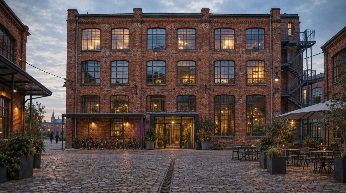 A renovated brick post-industrial building, bicycles against the wall and an empty cafe terrace in the courtyard.