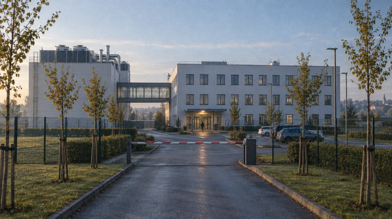 A pharmaceutical plant in the morning: a light-coloured block, technical installations on the roof, a closed barrier at the entrance.