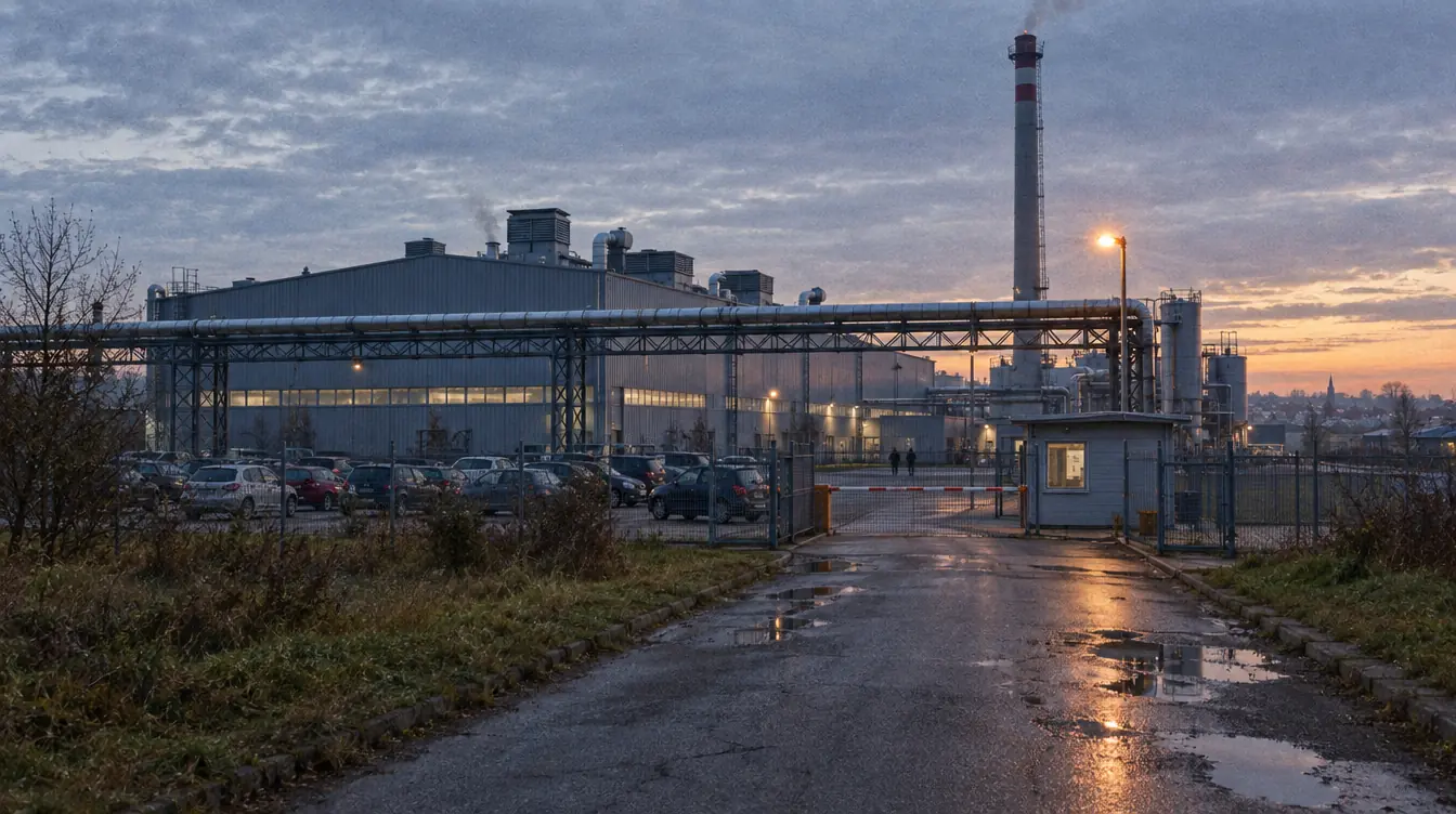 An industrial plant at dawn: a hall, a chimney, pipelines on a trestle and a staff car park in front of the gate.