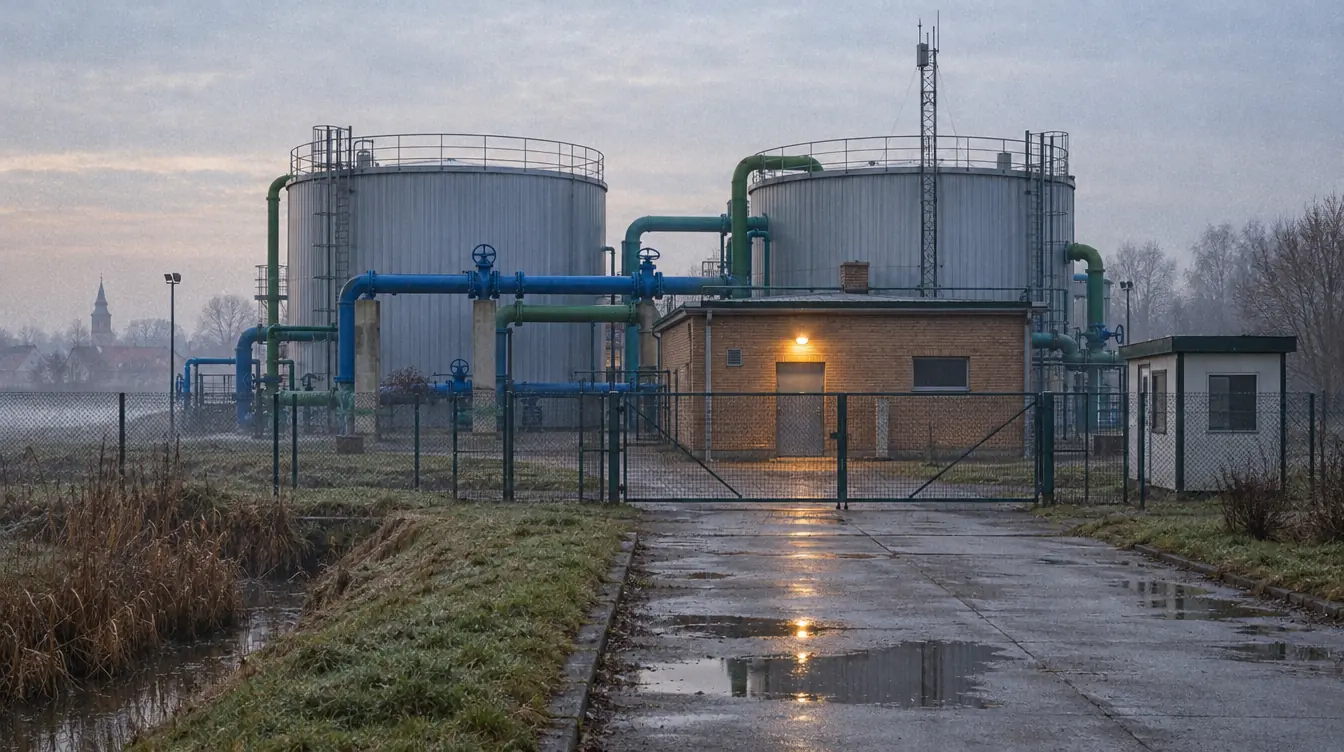 A water treatment plant on a foggy morning: tanks and painted pipelines behind a fence.