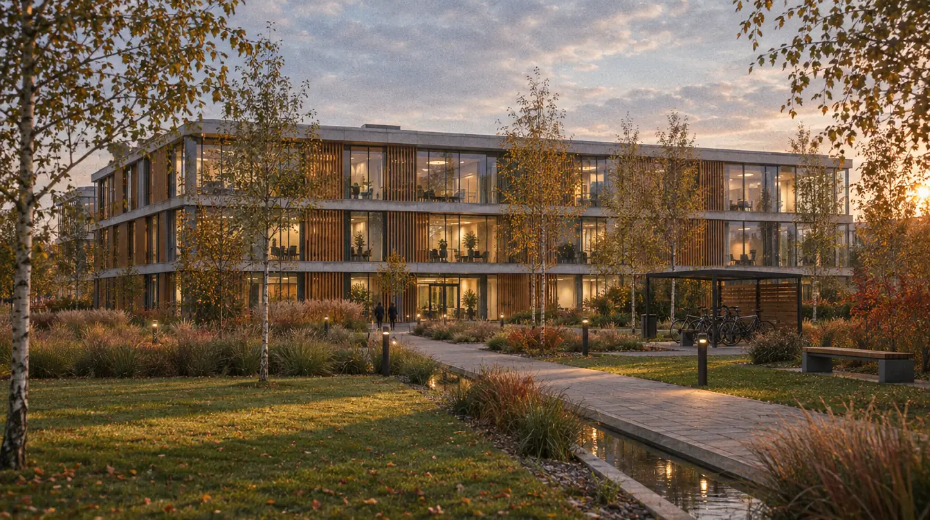 A low office campus of glass and wood among greenery, late afternoon, lights on inside.