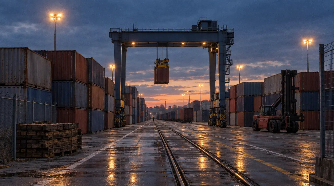 An intermodal terminal at dusk: stacks of containers, a gantry crane over the track, lighting masts switched on.