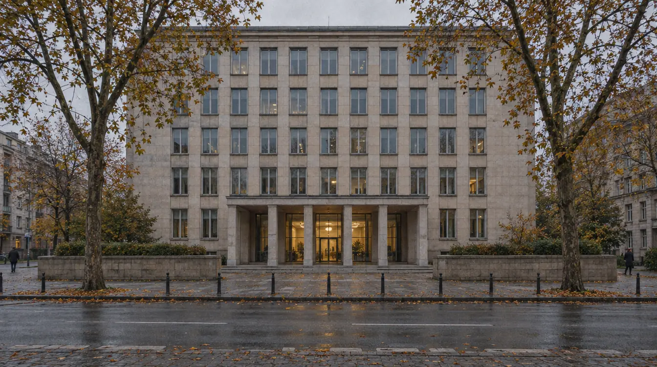 A massive office building with a stone facade and a rhythm of tall windows, grey autumn weather, a lit lobby behind the colonnade.