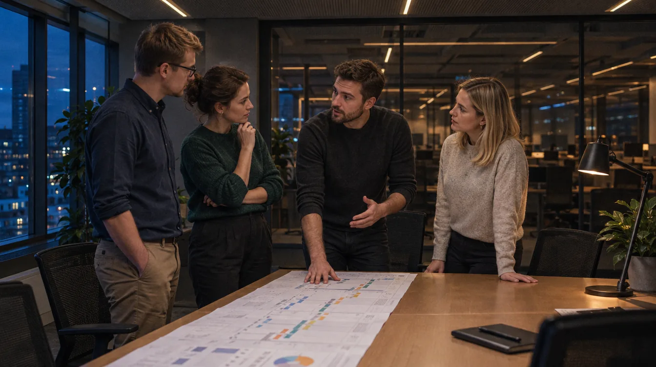 Four members of a delivery team going through a printed project timeline spread across a table in a project room.