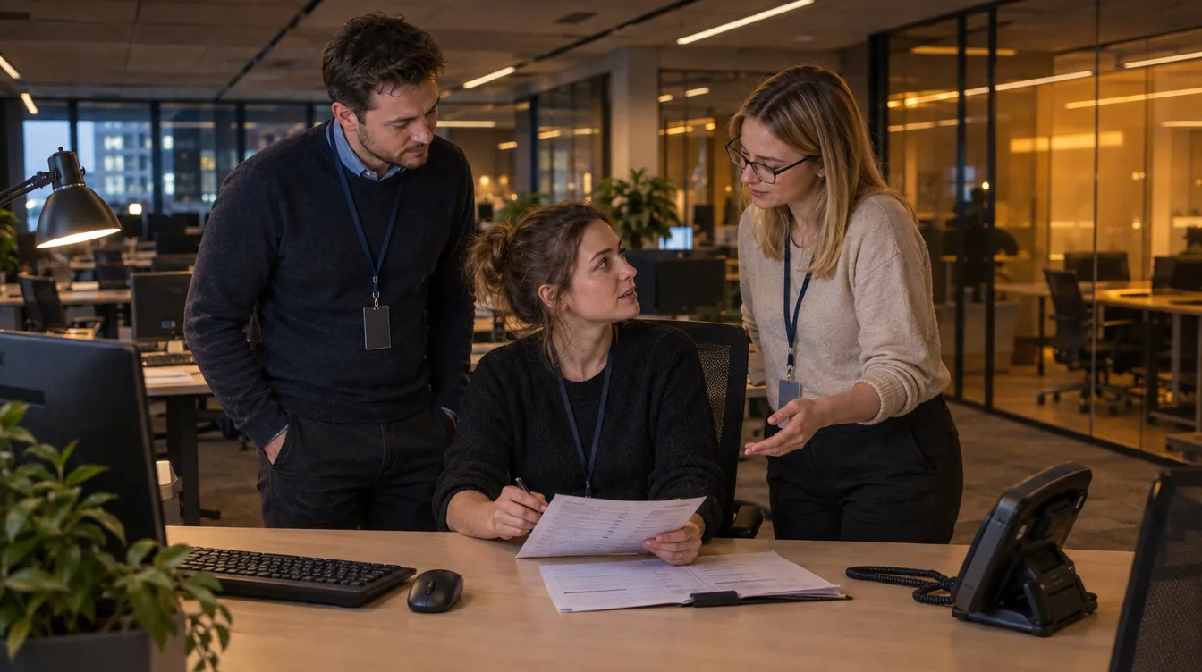 An evening shift handover - three colleagues at a desk going through a service checklist.