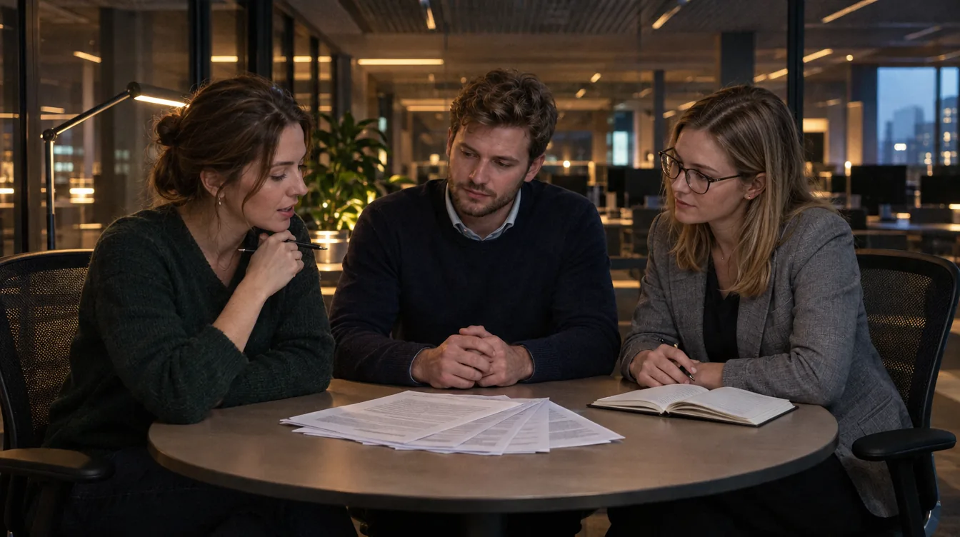 Three colleagues at a round table going through printed candidate profiles.
