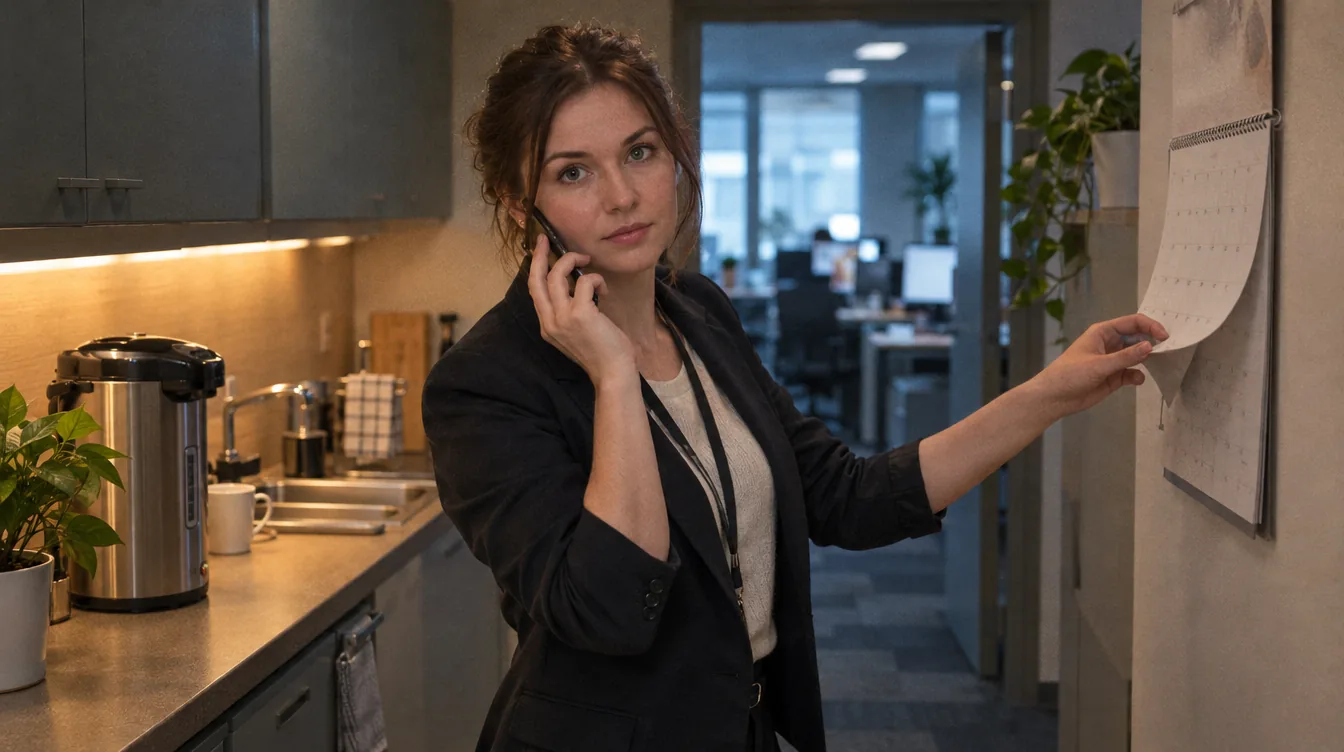 Office kitchen, a phone call taken standing: a mug in one hand, a phone at the ear, a paper calendar open on the counter.