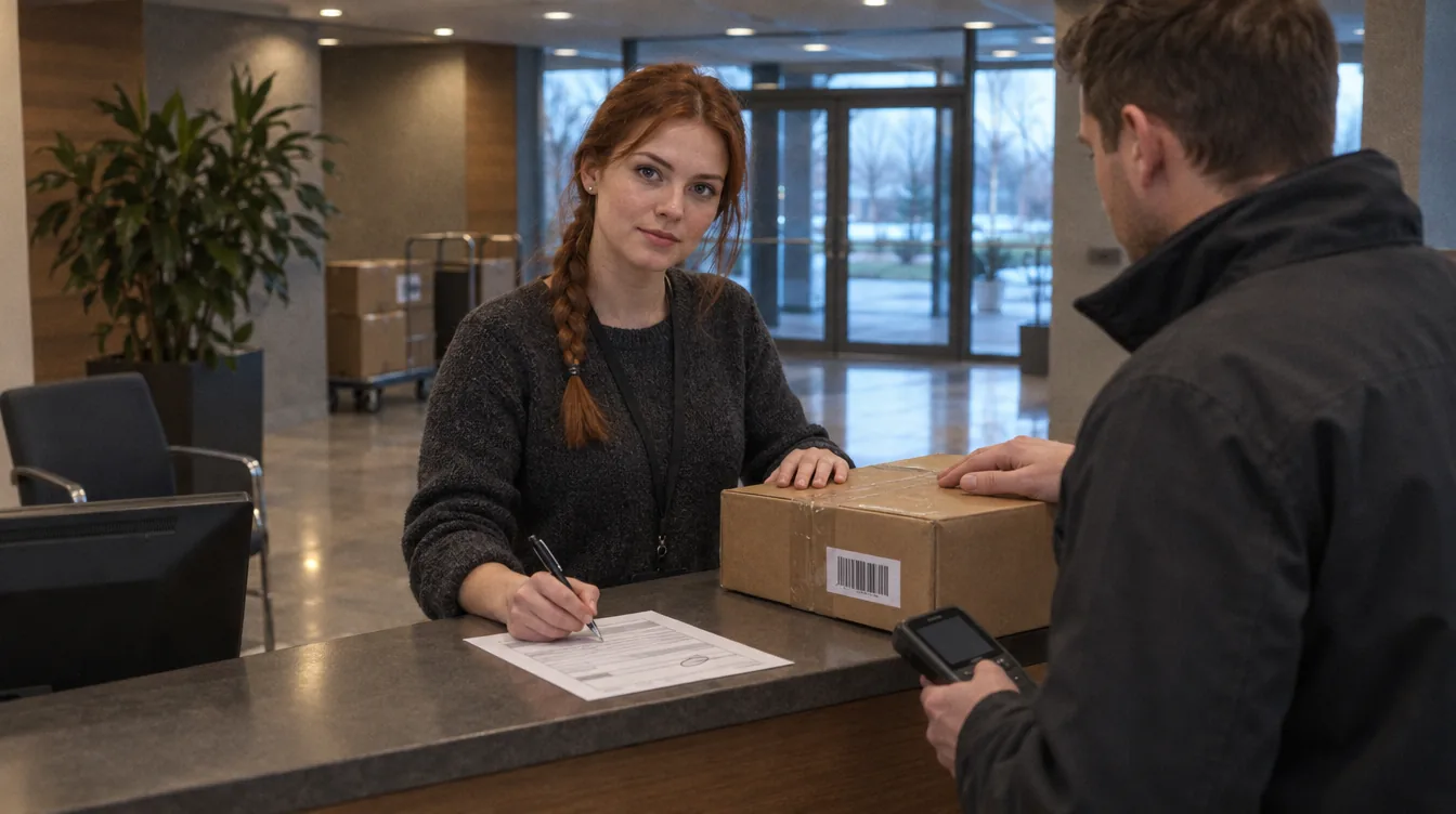 Reception, the counter: a person takes a parcel from a courier and signs the confirmation.