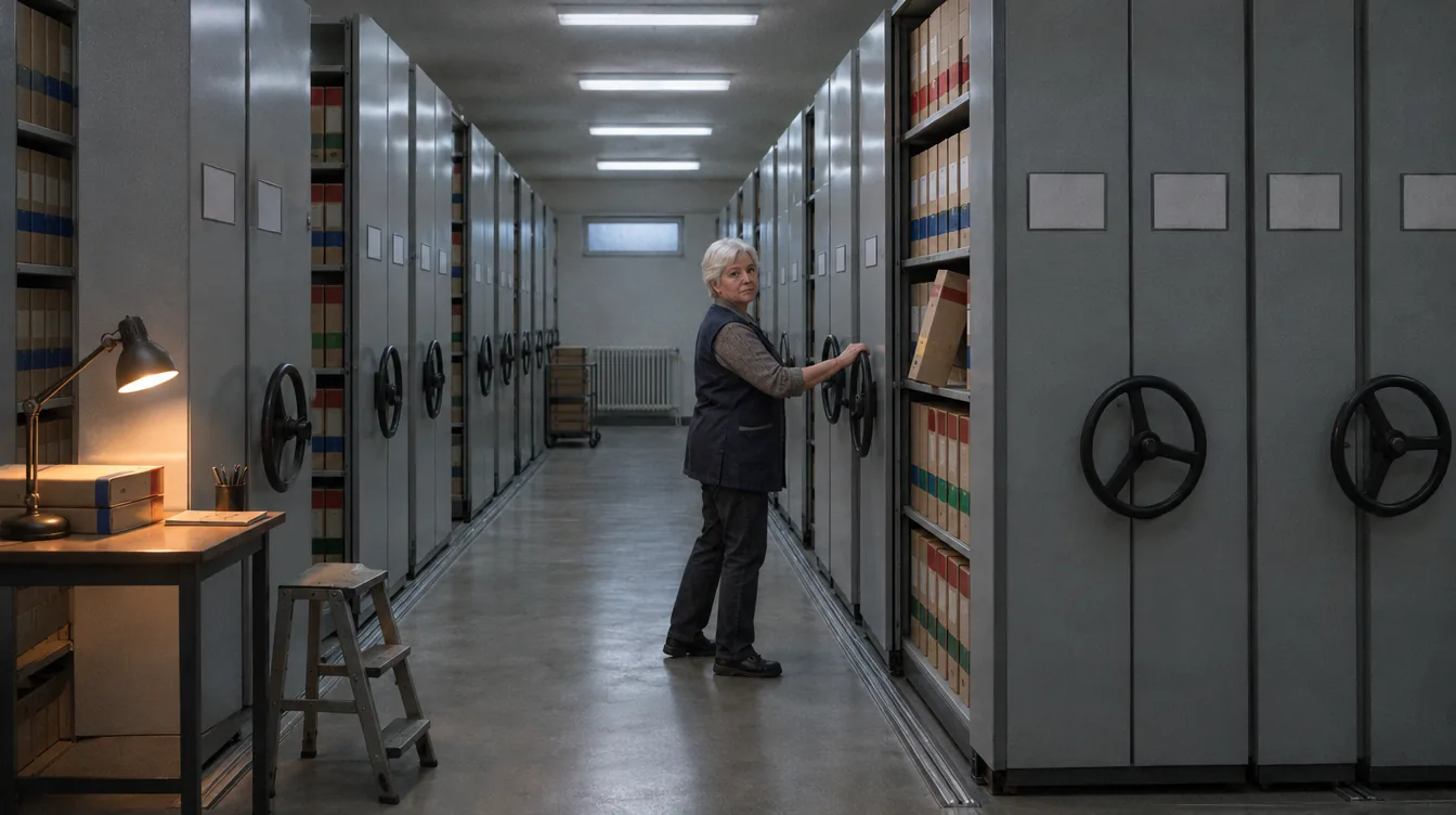 HR archive, mobile shelving: a person slides a shelving unit aside and takes out a file.