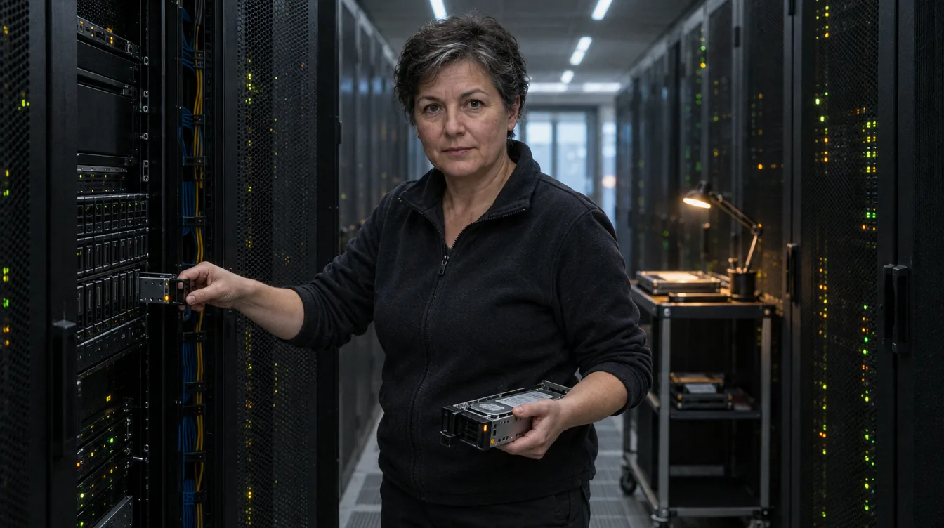 Server room, an open rack: a person pulls a drive caddy out of the front of a device in the rack, holding the replacement in the other hand.