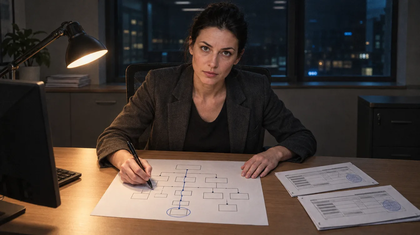 A quiet office, an ownership structure on the table: a printout of a company's ownership structure chart, a person traces the chain of links downwards with a pen and circles the last level, register extracts next to it.