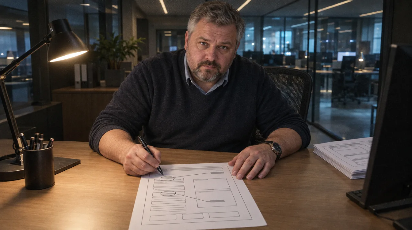 A desk, a printed screen mock-up: a paper mock-up of a form on the desk, a person circles one field and draws a leader line from it out to the margin.