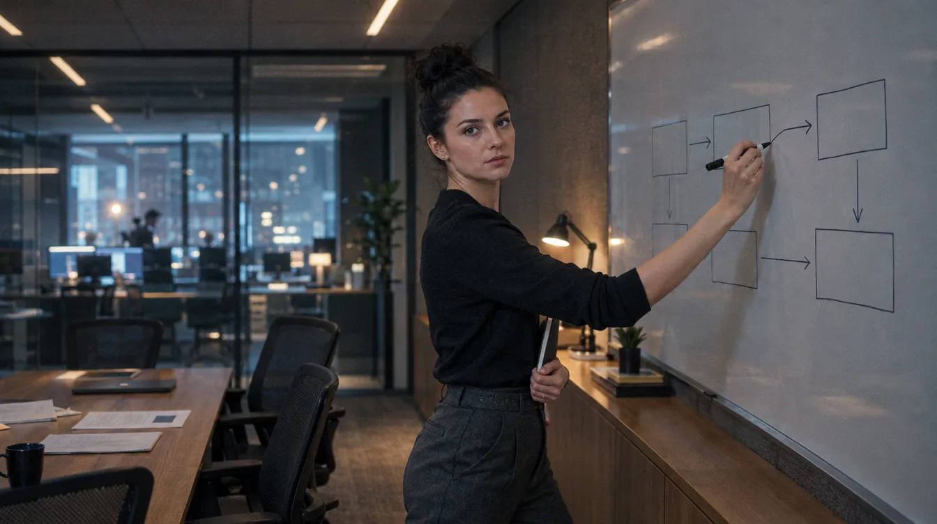 Project room, a whiteboard: a person draws a diagram of the data flow between boxes on the whiteboard.