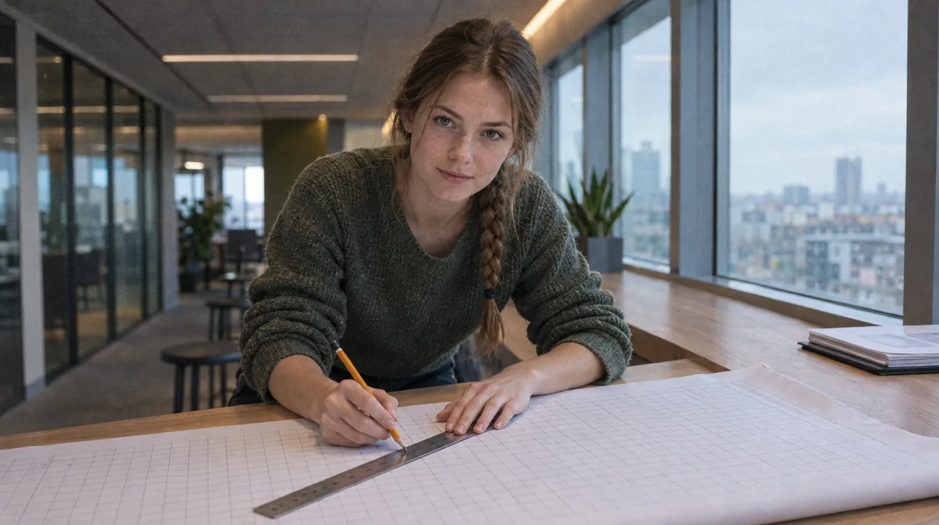 The area by the window, morning: a large spreadsheet printout spread out on the worktop, a person marks a row with a ruler.
