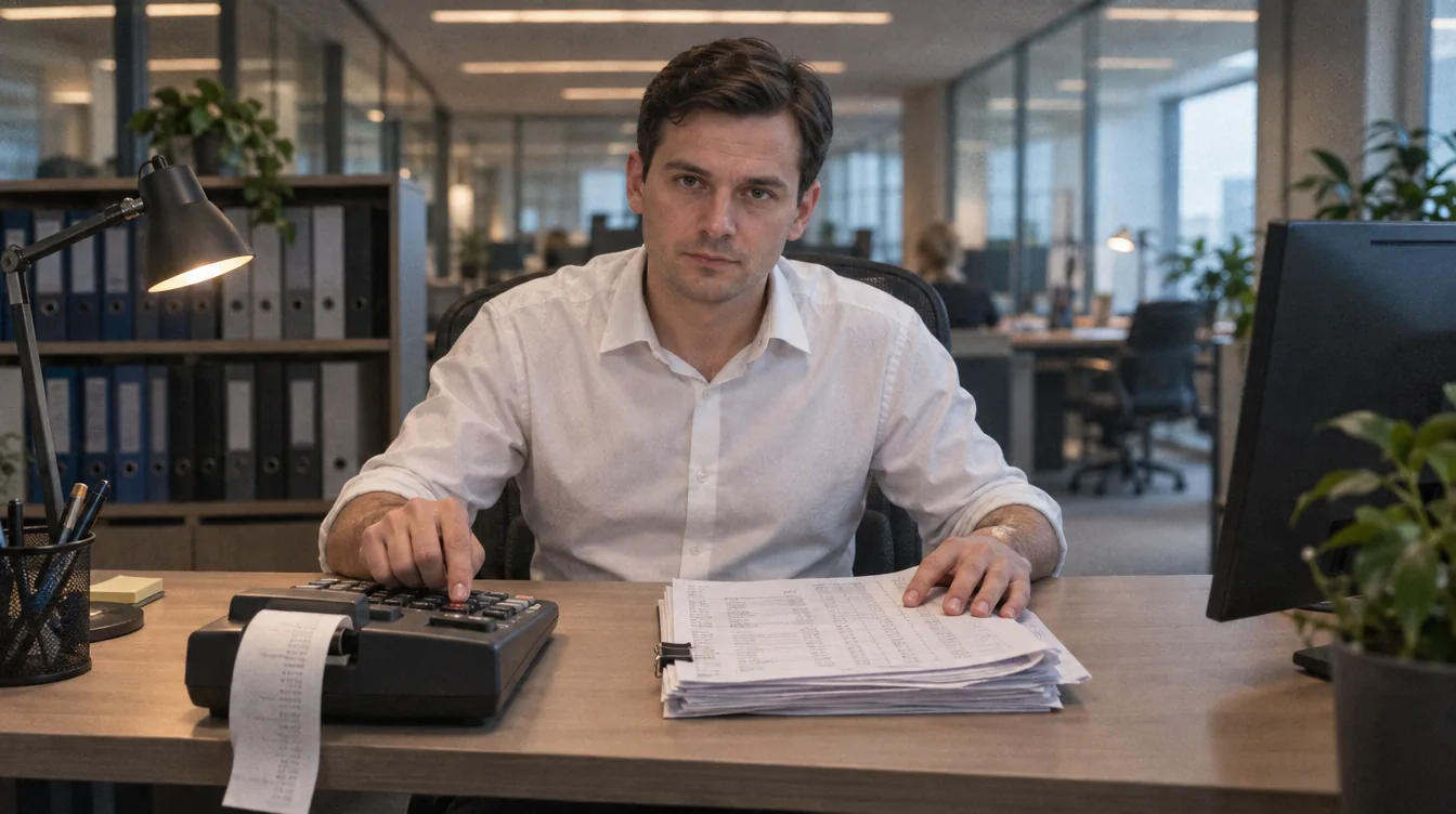Bank office, a calculator with a paper roll: a person works on a desktop calculator, a finger on a key, a stack of statements held down with the other hand.