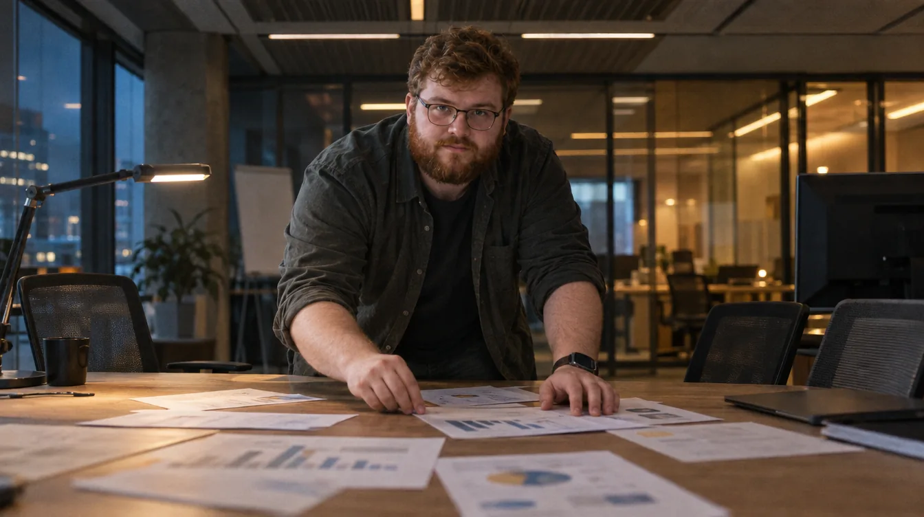 Project room, a table with printouts: several printouts with charts, a person lines two of them up side by side with a finger.