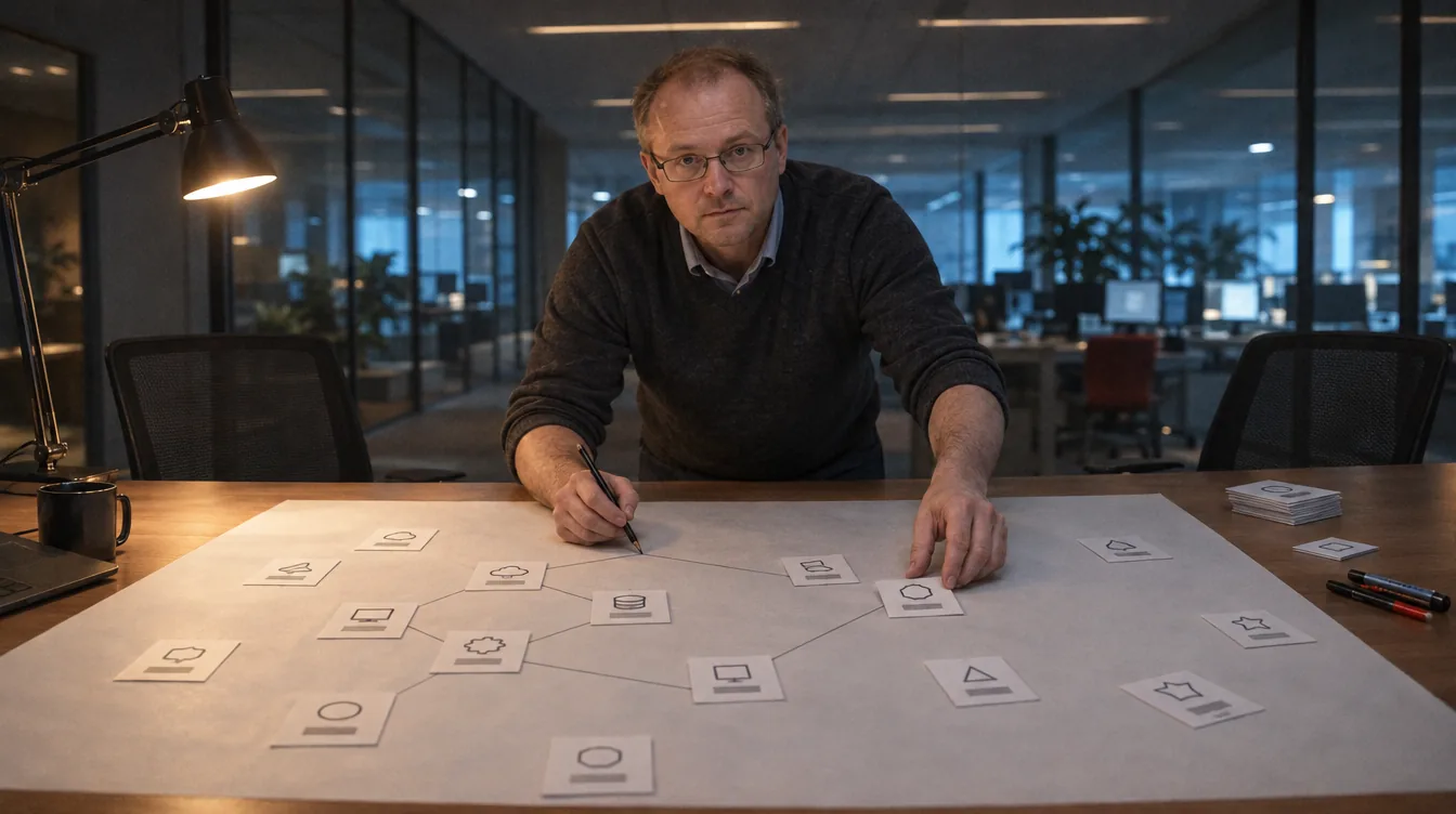 Project room, components laid out on the table: a dozen or so small component printouts laid out on a large sheet, a person adds one more and draws a connection to it.