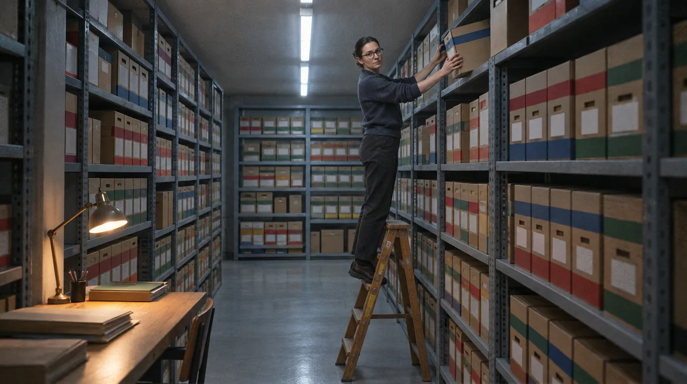 Archive, rows of boxes: a person on a step ladder puts an archive box back on a high shelf.