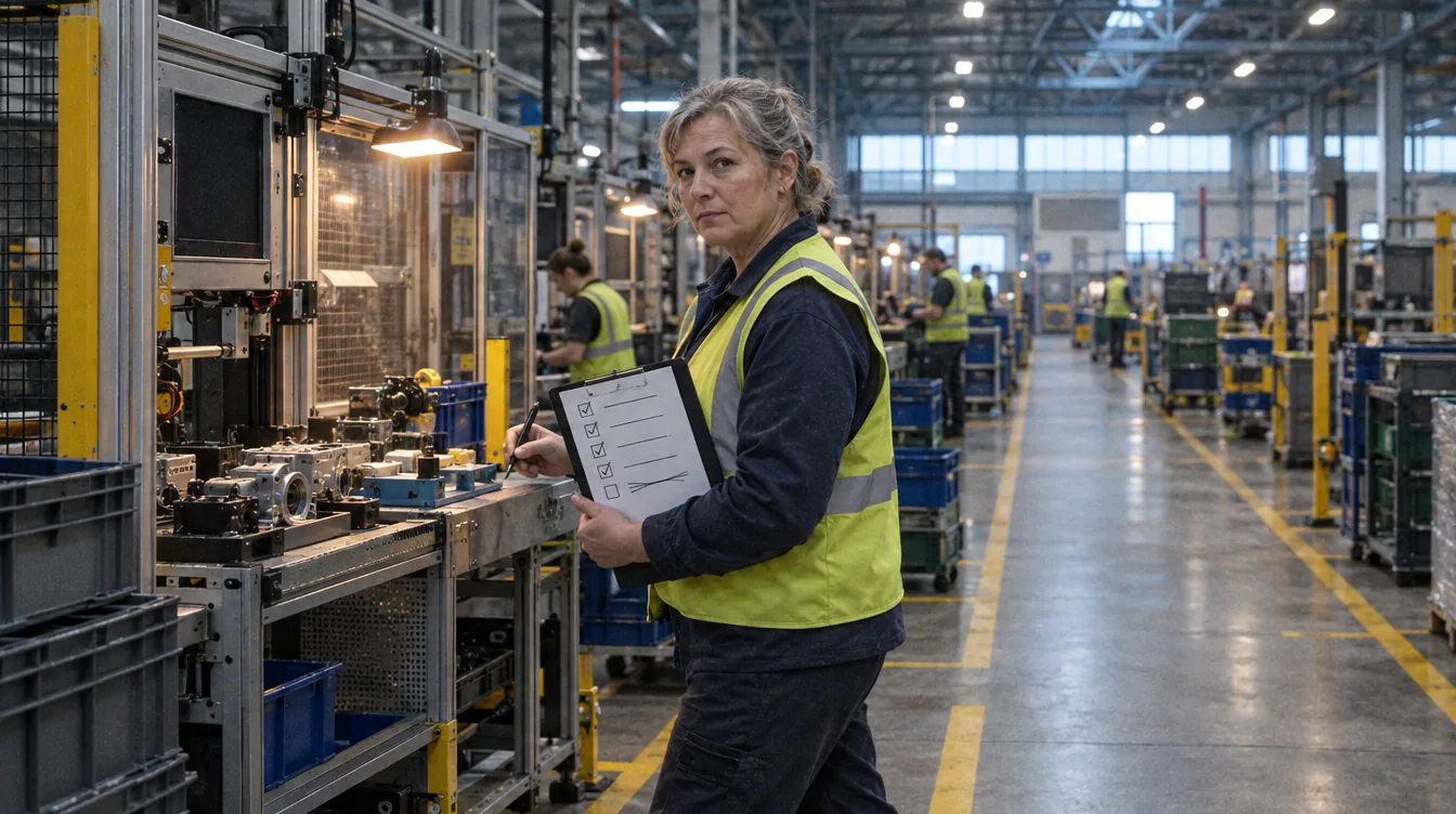 Shop floor, an audit walk: a person with a checklist walks along the workstations and stops at one of them.
