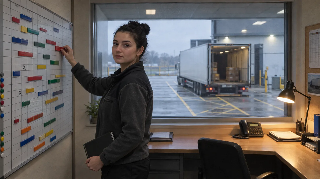 A window onto the loading ramp, the dock scheduling office: a person at the window with the time-slot schedule.