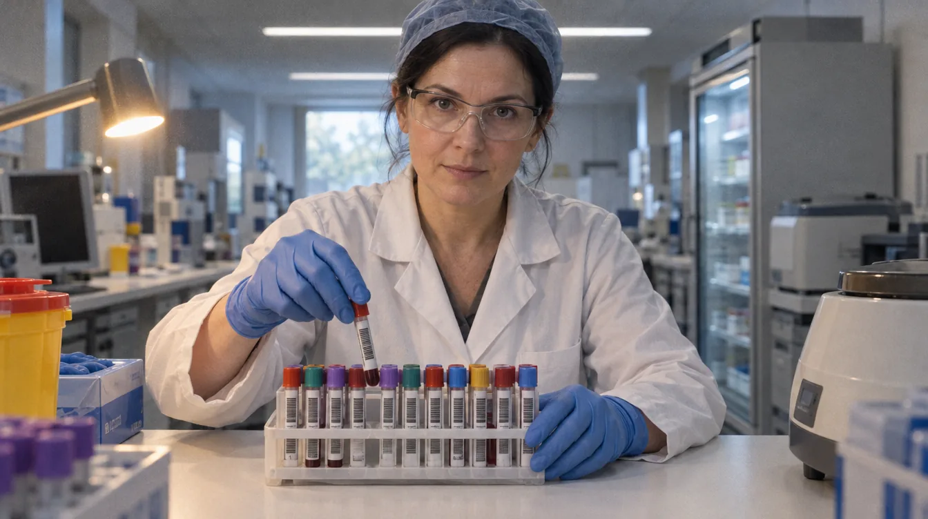 Laboratory, a sample rack: a person in a lab coat arranges samples in the rack.
