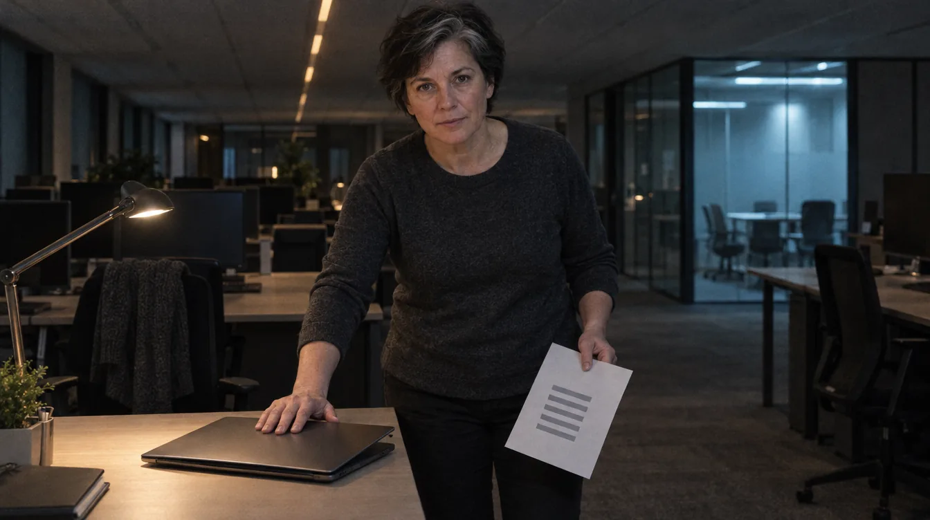 An empty office in the evening, someone else's workstation: a person stands at the desk and closes the lid of a laptop left open for the night, a forgotten sheet of paper picked up from the desk in the other hand.