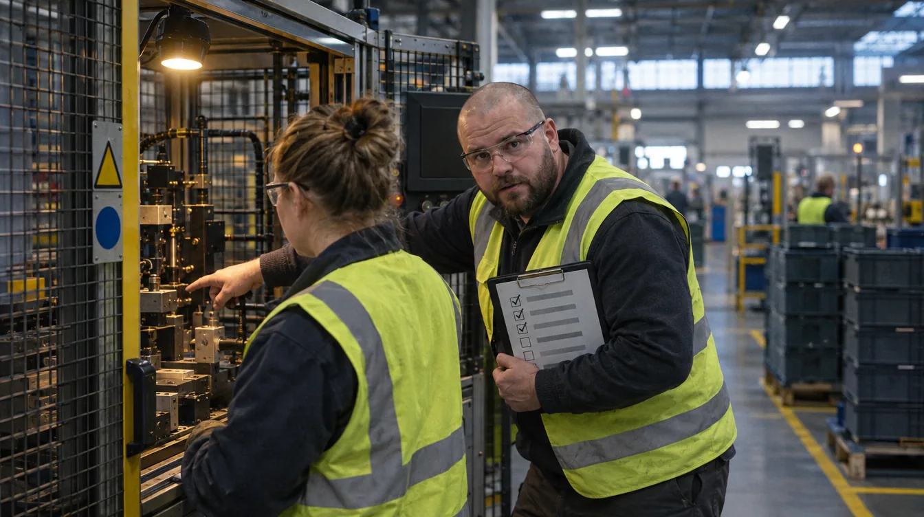 Production hall, a briefing: a person in a hi-vis vest points something out at a machine, a clipboard with a checklist.