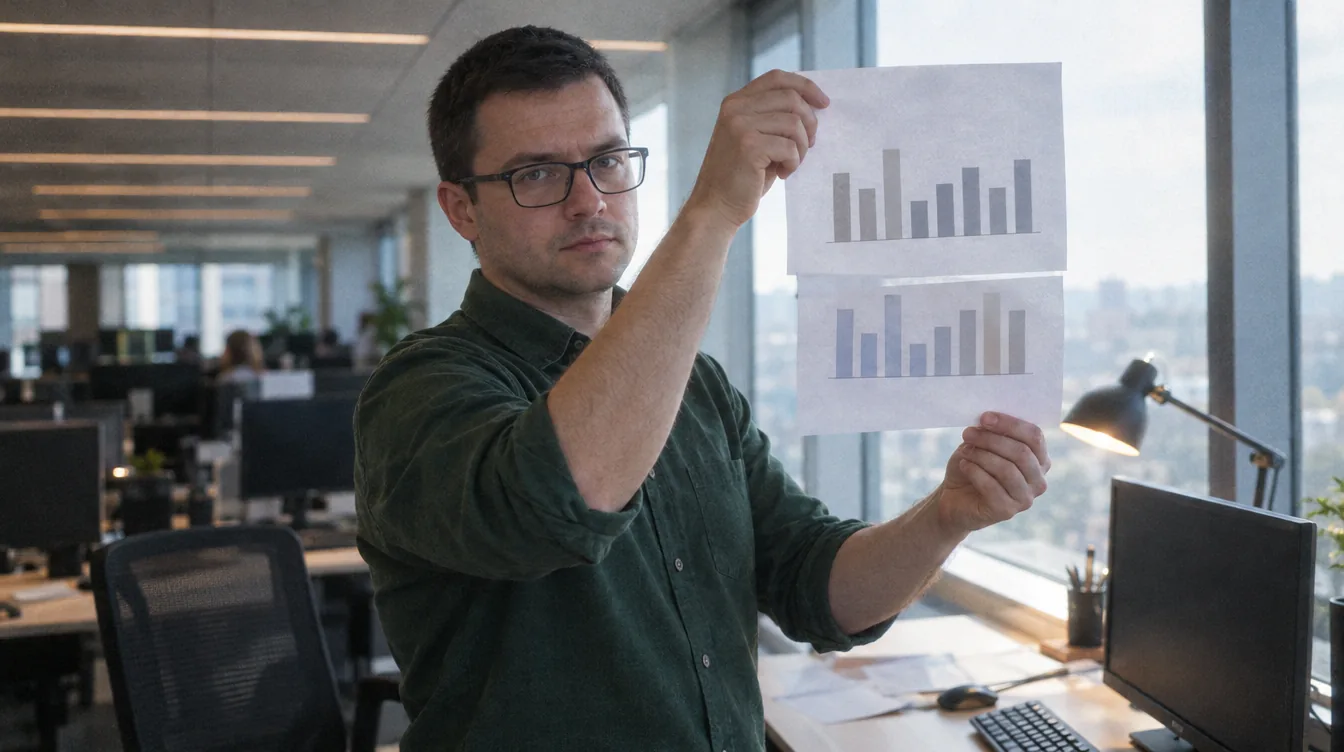 A workstation by the window: two printouts of the same metrics from two systems held up against the light of the window, the bars on them do not match.