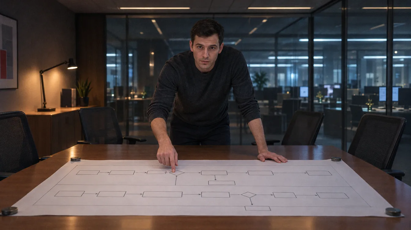 Conference room, a procedure on the table: a person spreads a procedure diagram out on a sheet and follows it with a finger.