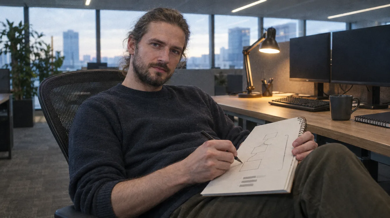 A desk, the monitors with their backs to the camera, late afternoon: a person leaning back from the screen, sketching something in a notebook.