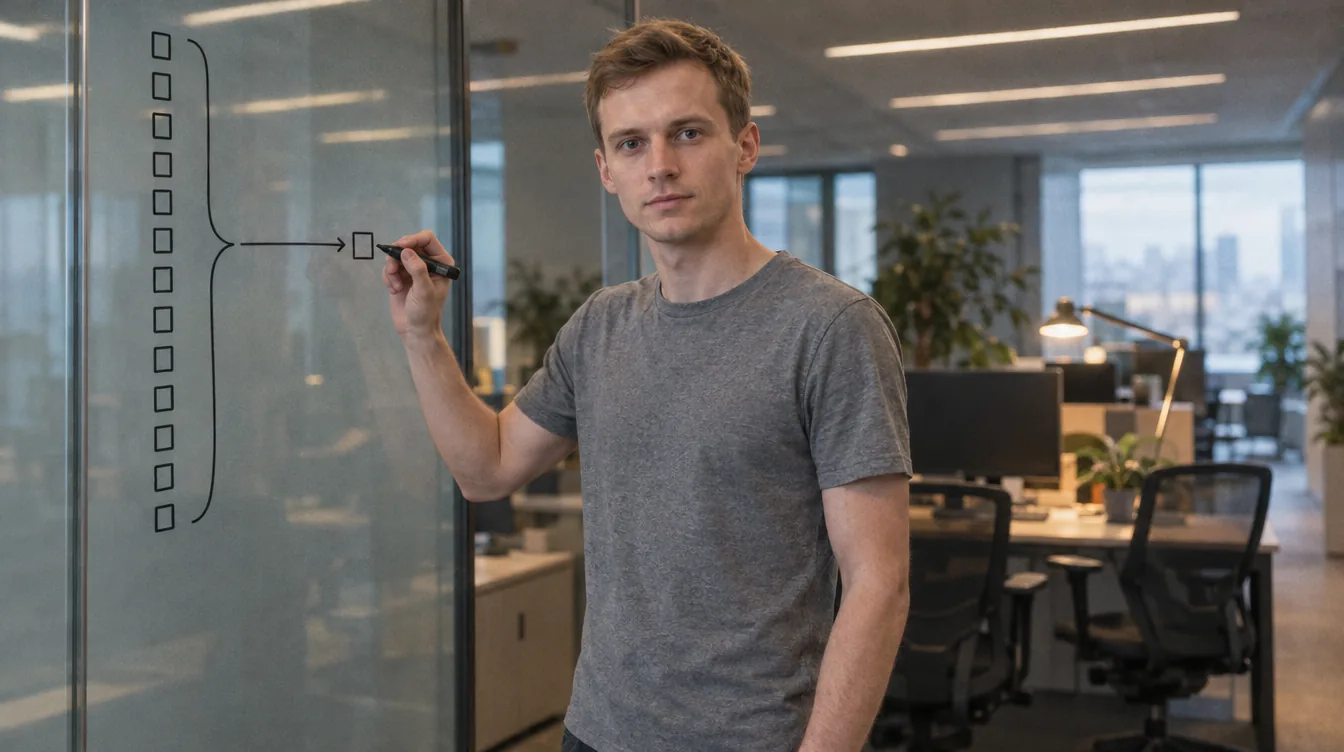 Team area, a glass partition written on with a marker: on the glass a column of a dozen or so small boxes on the left, bracketed together and joined by an arrow to a single box on the right; a person is drawing that arrow.