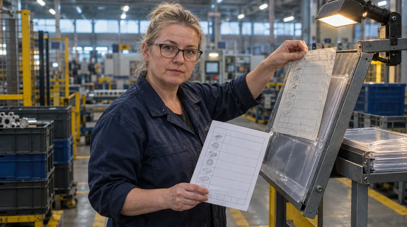Shop floor, a documentation station: a routing sheet in a sleeve on a stand, a person replaces the page.