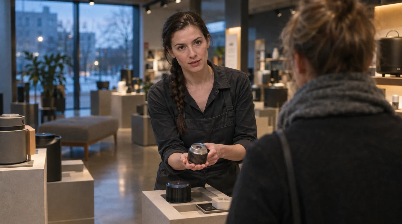 Showroom, by the product display: a person shows a customer a part of the product held in the hand (the other person seen from behind).