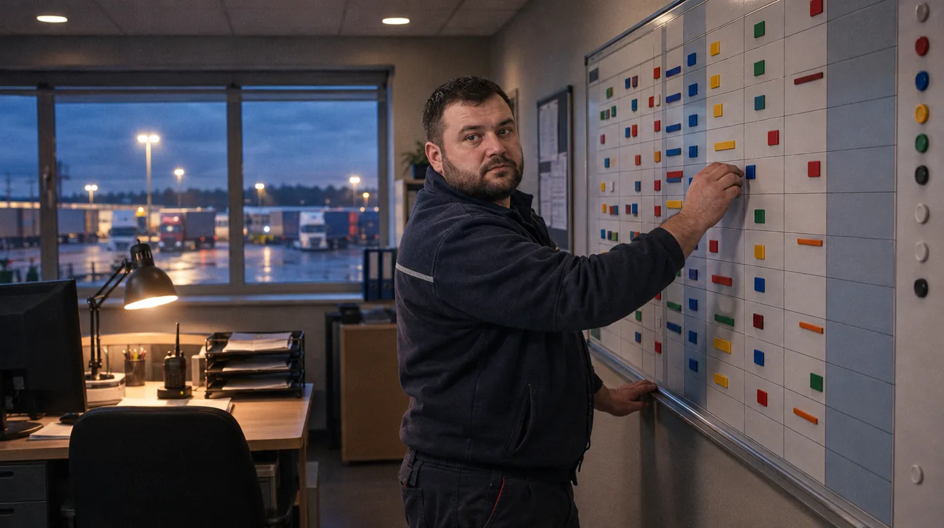 Dispatch room, a wall of boards: a person at the magnetic route board moves a vehicle marker.