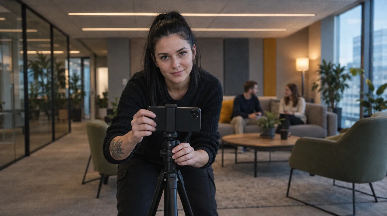 Soft seating area, preparing material: a person sets a phone on a tripod, pointing it at the team in the background.