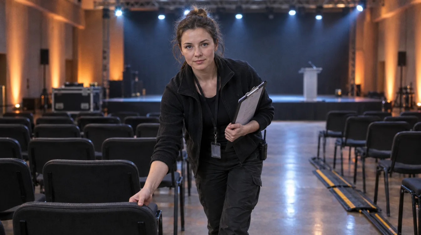 Event room before opening: a person with a list in hand walks between the rows of chairs, an empty stage in the background.