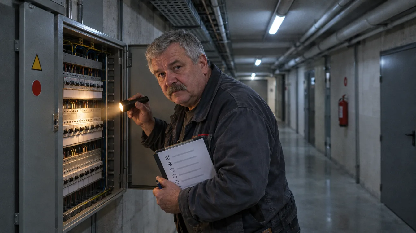 Service corridor, at the switchgear: a person with a torch and a clipboard checks a unit on the wall.