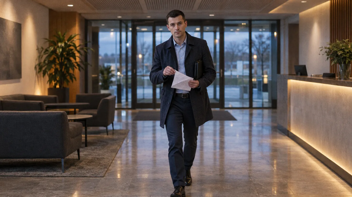 The client's lobby before a meeting: a folder under the arm, a person looks through a sheet of notes, the glass doors of reception in the background.