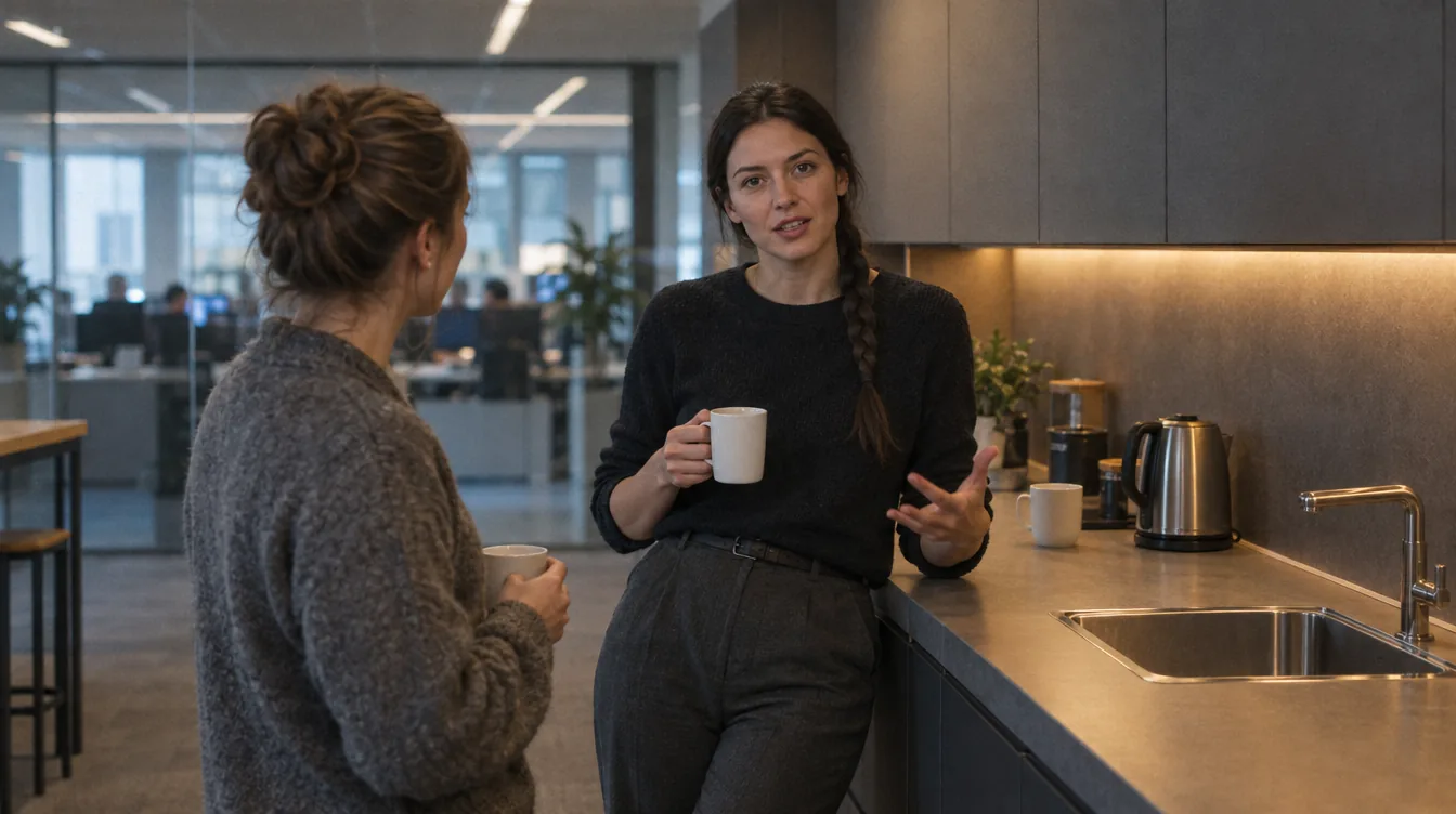 Office kitchen, a conversation held standing: two people with mugs at the counter, talking mid-sentence.