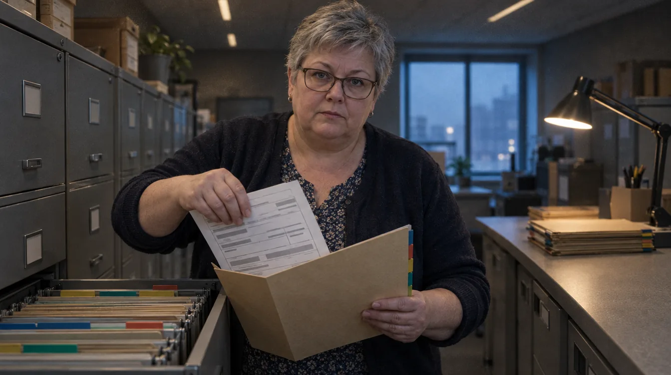 HR office, a cabinet of files: an employee file open, a person puts a document into it.