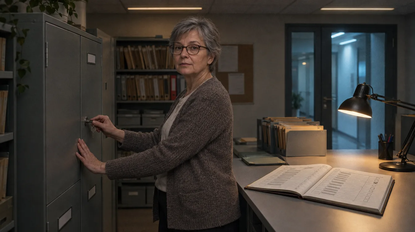 Office, at the document cabinet: a person locks the cabinet, the record of processing activities on the desk.