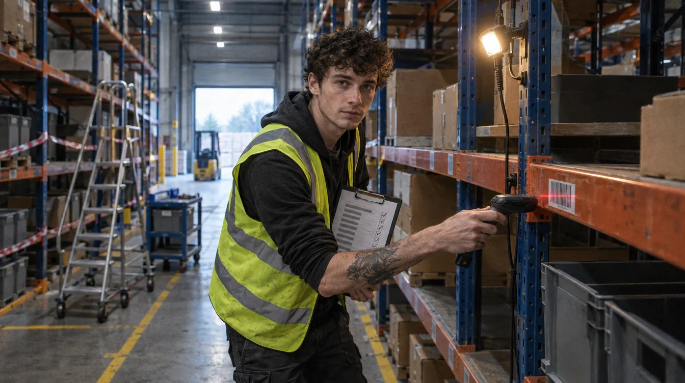 Warehouse during a stock count: a person with a scanner at the racking, a count sheet on a clipboard.
