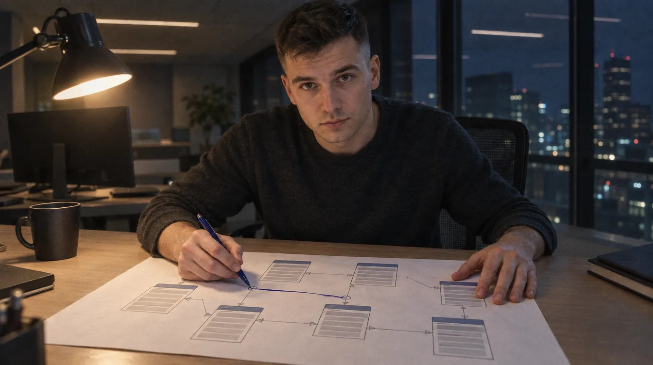 A desk, a diagram on a printout: a person marks a join between tables on the printout.