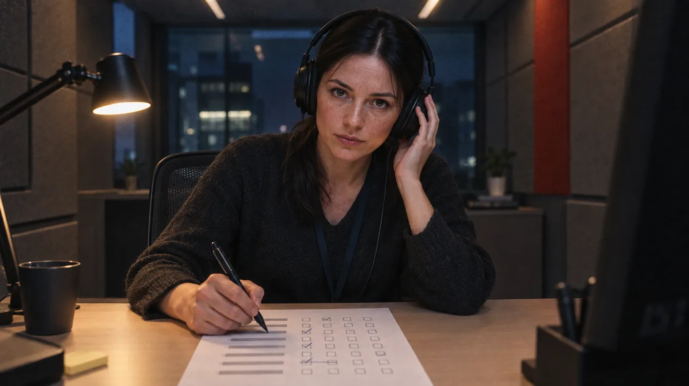A quiet office, headphones: a person listens back to a recording, a scoring sheet with boxes in front.