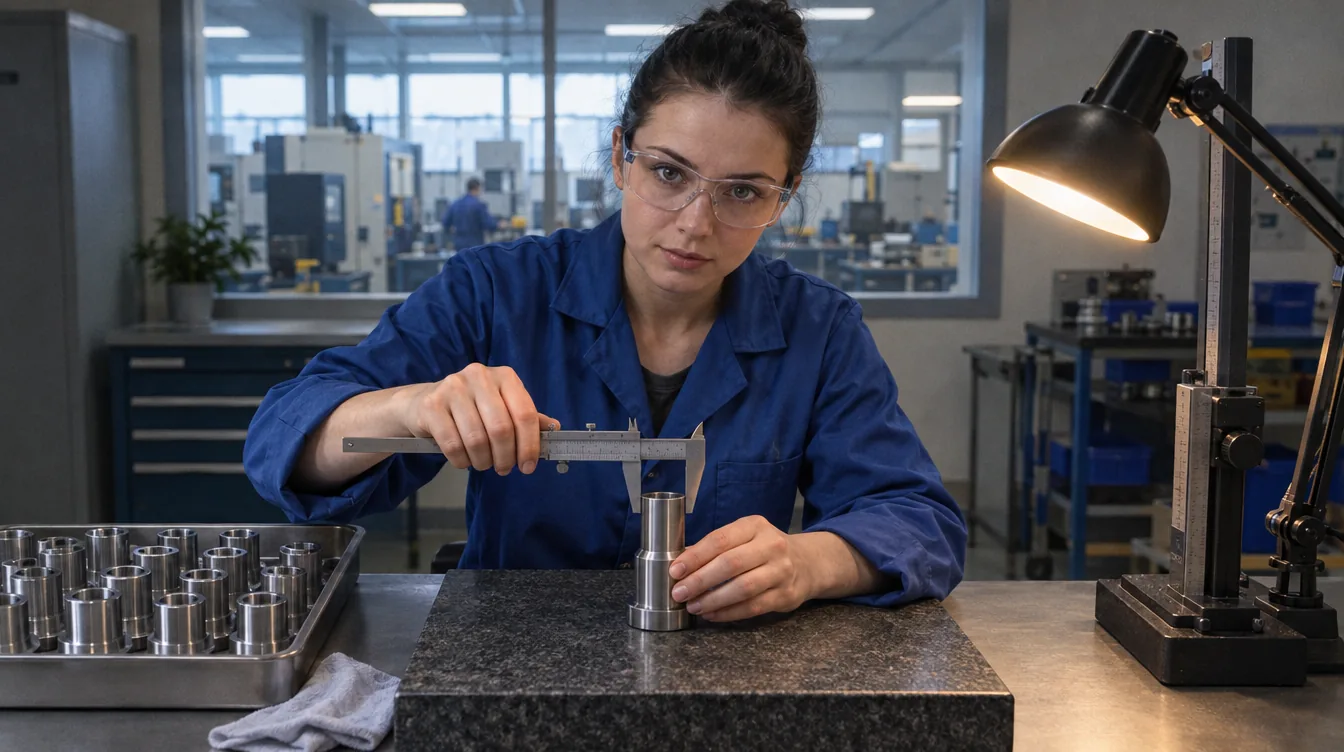 Quality control laboratory: a person measures a part with callipers over the measuring bench.