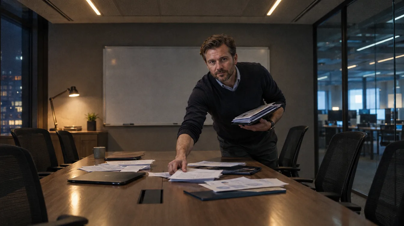 Conference room after a meeting: the whiteboard wiped clean, a person collects the partner materials spread out on the table.
